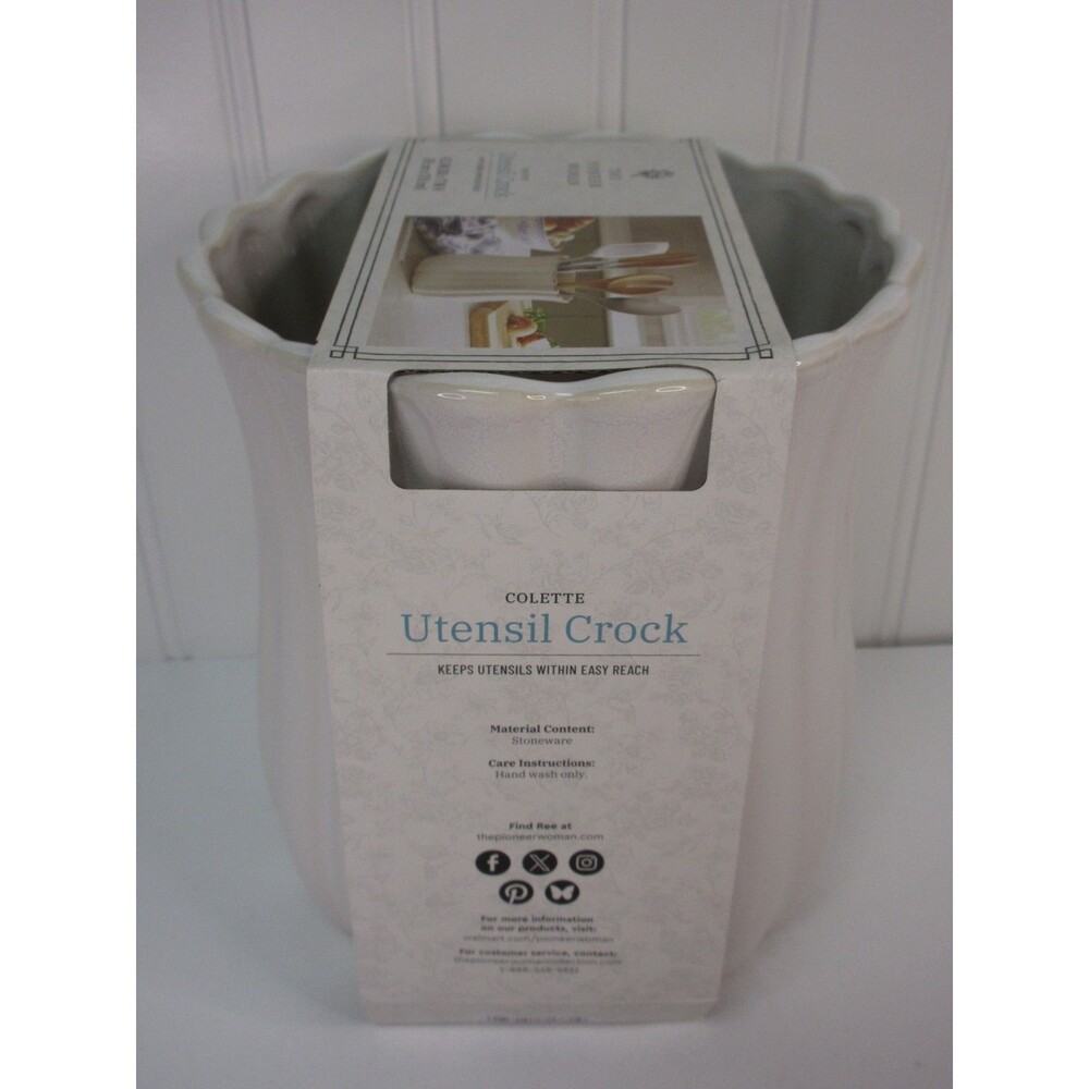 Pioneer Woman Colette Stoneware Utensil Holder White Scalloped Farmhouse Crock - Picture 2 of 11